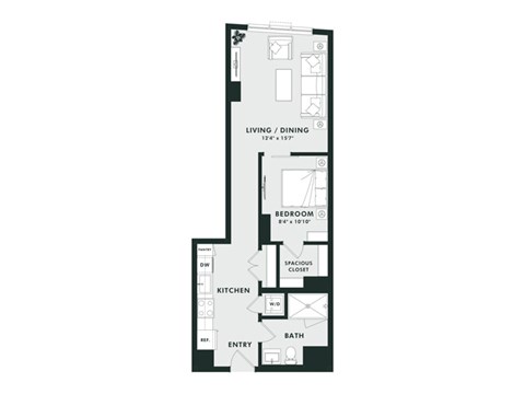 A floor plan of a small apartment with a living room, kitchen, bathroom and bedroom.